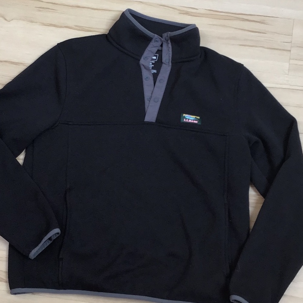 LLBean Black‎ Grey 3/4 Snap Front Fleece Lined Sweater Pullover Jacket Medium